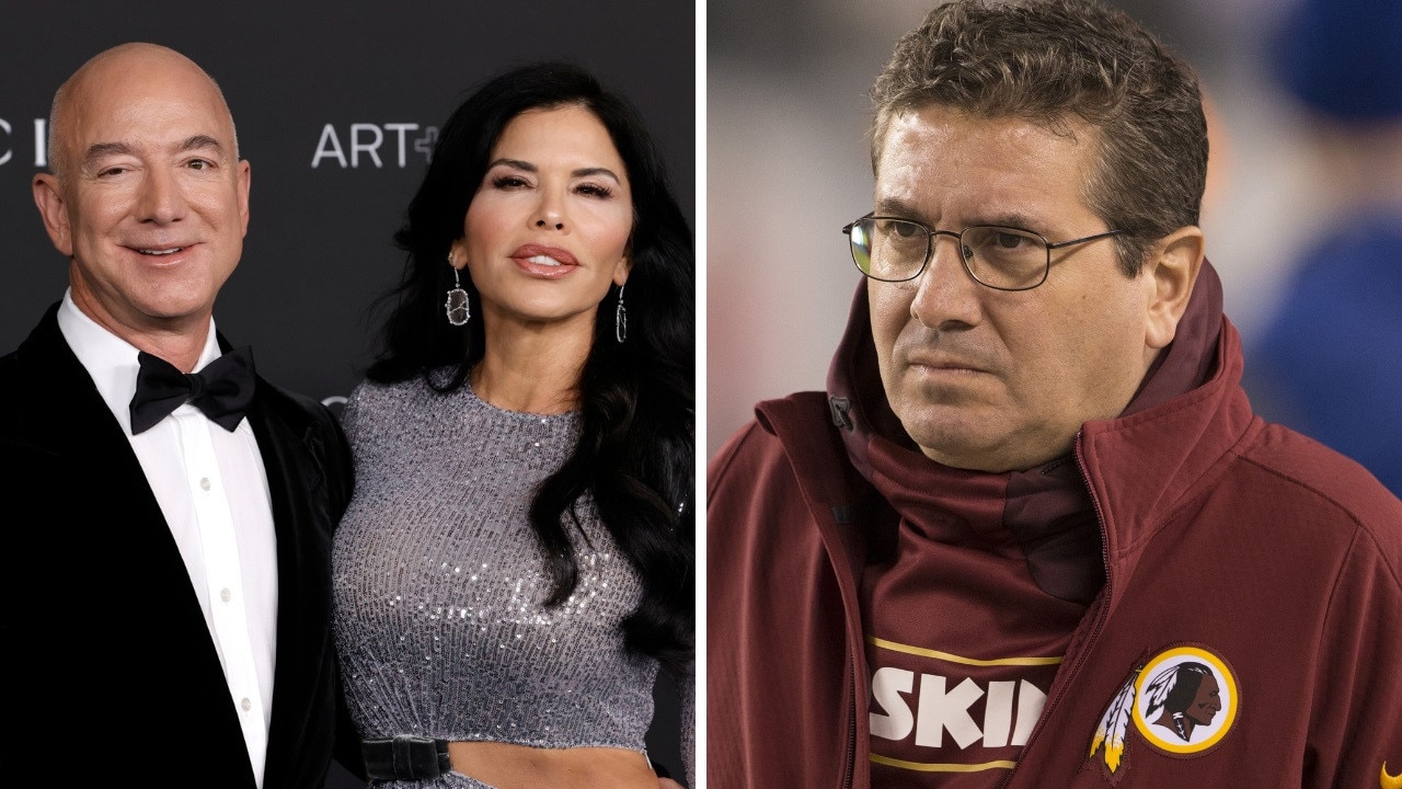 A composite image showing Jeff Bezos and Lauren Sanchez - along with Dan Snyder