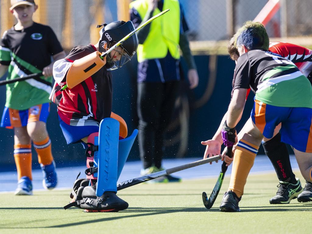 Past High goal keeper Jed Williamson against Newtown Norths Tigers in under-11 boys Presidents Cup hockey at Clyde Park, Saturday, May 27, 2023. Picture: Kevin Farmer