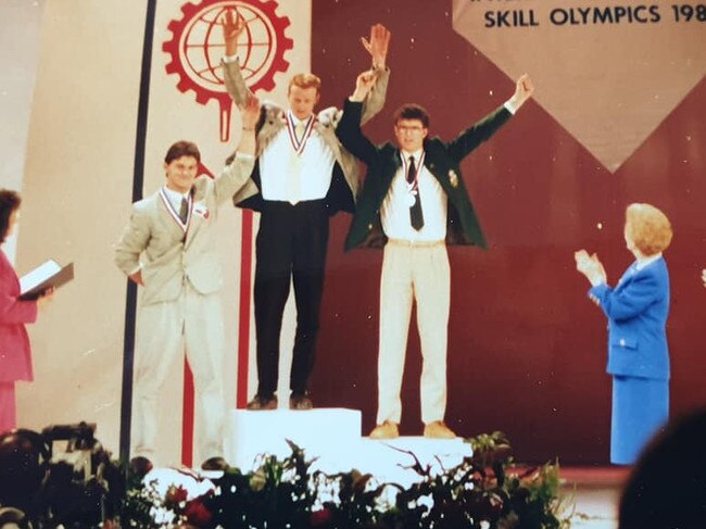 Jason Hindes was presented with his silver medal in cabinetmaking by British Prime Minister Margaret Thatcher. Picture: Supplied