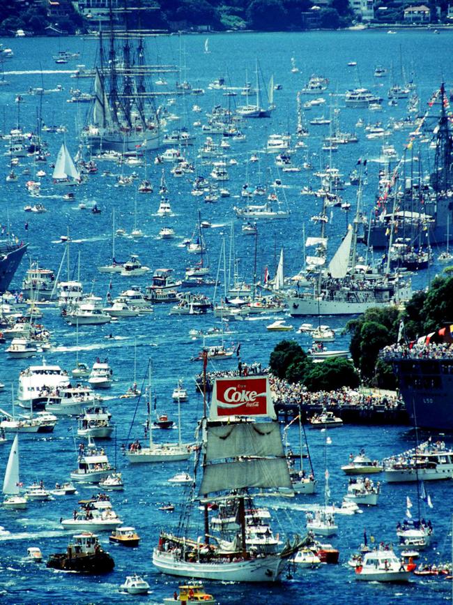 Tall ships during Bicentennial celebration on Sydney Harbour in 1988