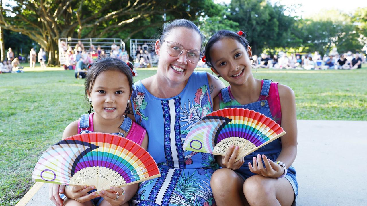 Ellis Savage, 7, Sophie Savage and Quinn Savage, 8, at the Cairns Pride Evening of Light at Forgarty Park on Sunday, part the 2023 Cairns Pride Festival. Picture: Brendan Radke