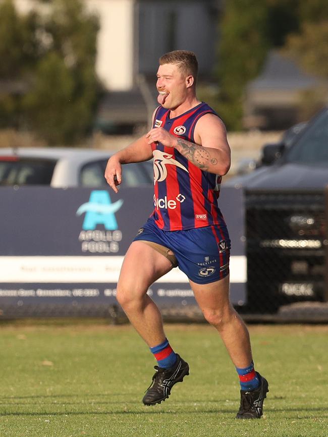 Bell Post Hill's captain Jack Yates celebrates on of four goals. GDFNL - Bell Post Hill v Thomson. Picture: Alan Barber