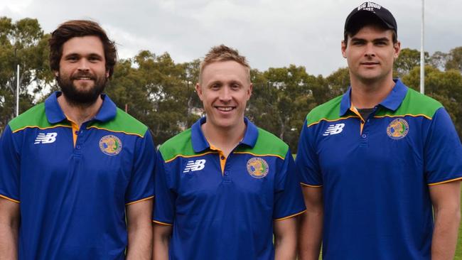 Golden Grove coach Luke Barmby (middle) with stars Cam Shenton (left) and Lewis Johnston (right). Picture:Golden Grove Football Club