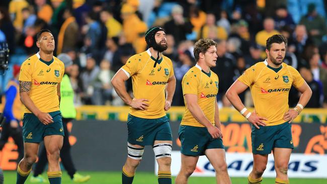 The Wallabies react after yet another Test loss in 2016.