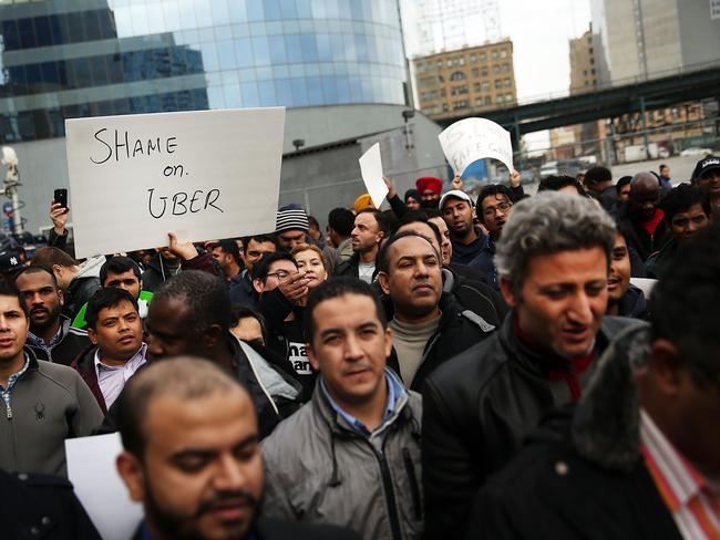 Hundreds of drivers gathered at Uber’s New York City headquarters on Monday. Picture: Spencer Platt