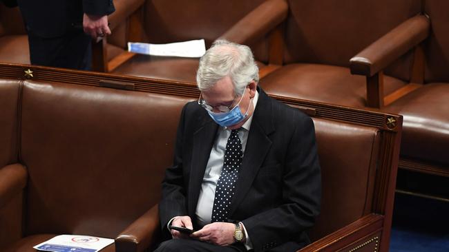 Senate Majority Leader Mitch McConnell, at the joint session of Congress after they resumed the session following protests. Picture: AFP