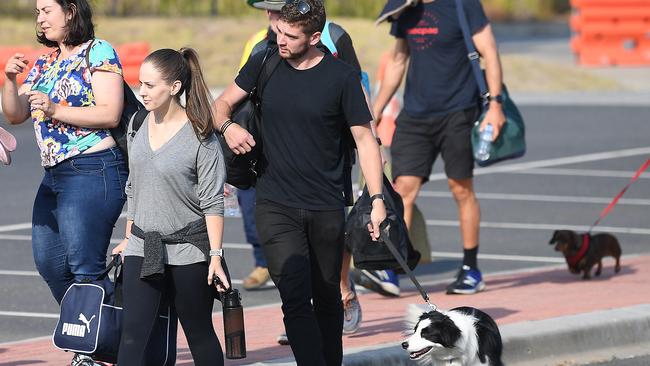 Mallacoota bushfires evacuees including a dog arrive at the Somerville Recreation Centre. Picture: AAP