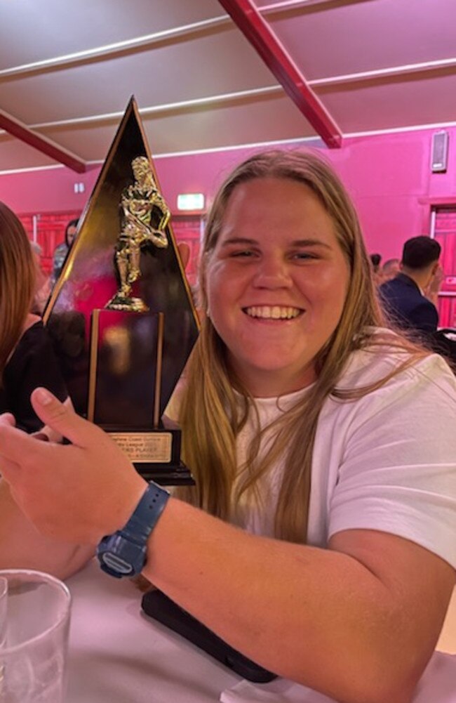 Nambour player A'Eisha Jeffs was crowned Rugby League Sunshine Coast's open women's Best and Fairest winner