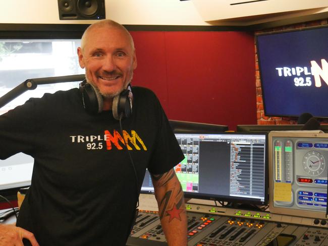 May 2022: Former St Kilda, Hawthorn and Sydney ruckman Peter "Spida" Everitt at work at Triple M on the Gold Coast.,