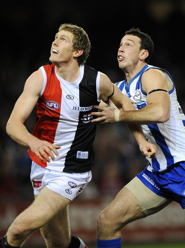 Ben McEvoy — pictured in a ruck battle with North star Todd Goldstein — began his career at St Kilda.