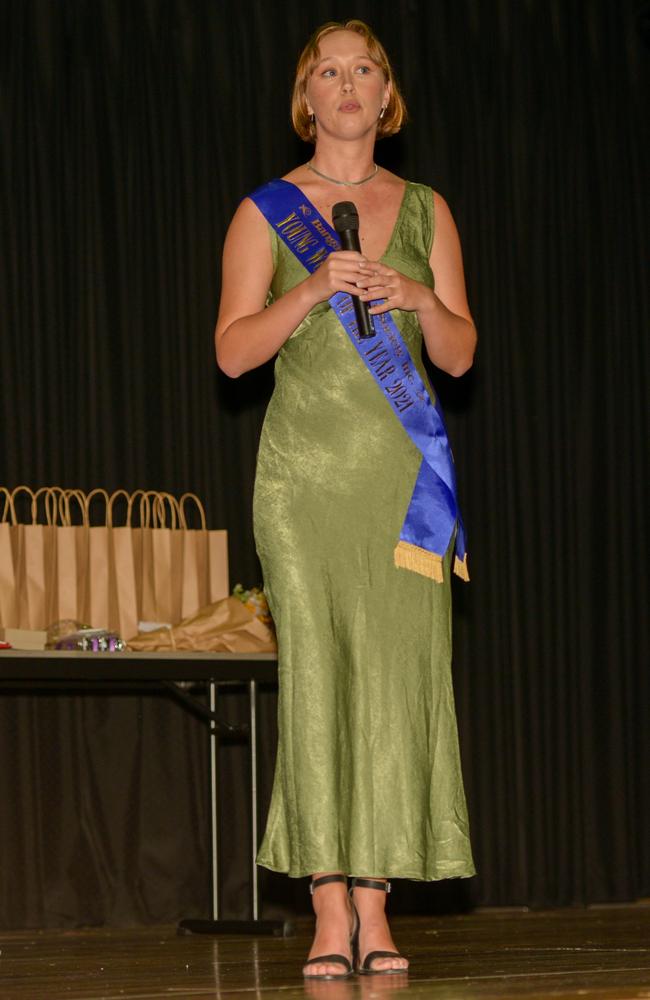 Neve Kelly (Bangalow finalist) ponders a tough question during her speech at the Lismore Workers Club for the Sydney AgShow Young Woman 2022 zone 1 and 2 finals.