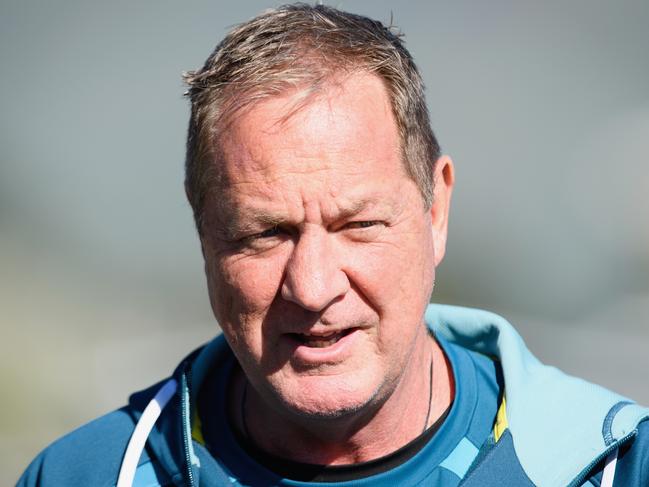 CHRISTCHURCH, NEW ZEALAND - AUGUST 22:  Skills coach Mick Byrne speaks to the media prior to an Australian Wallabies training session at Linwood Rugby Club on August 22, 2017 in Christchurch, New Zealand.  (Photo by Kai Schwoerer/Getty Images)