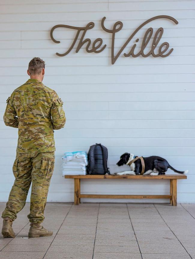 Australian Army soldier Corporal Chris Latimer from the 3rd Combat Engineer Regiment, sends Explosive Detection Dog Pablo to search a backpack during an odour recognition serial on at The Ville Casino in Townsville last month. Picture: BDR Guy Sadler