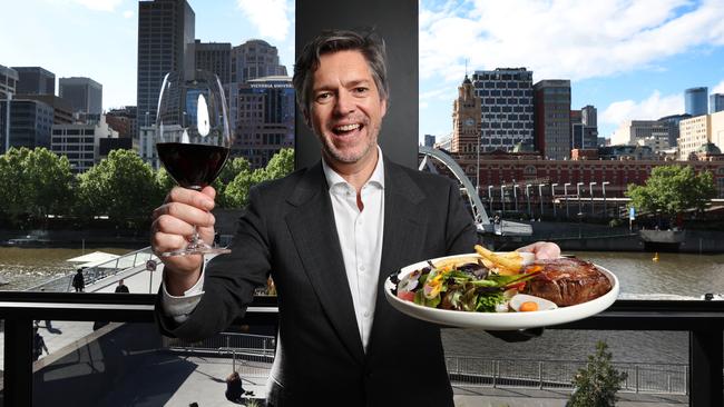 Melbourne Lord Mayor Nicholas Reece wants to bring back long lunches in the CBD. Melbourne Lord Mayor Nicholas Reece enjoys a steak and glass of wine at Pure South Dining in Southgate.                     Picture: David Caird