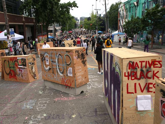 Barricades in Seattle’s cop-free zone. Picture: AFP