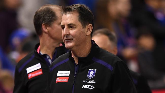 Coach of the Dockers Ross Lyon is seen after the Round 19 AFL match between the Western Bulldogs and the Fremantle Dockers at Marvel Stadium in Melbourne, Sunday, July 28, 2019. (AAP Image/Julian Smith) NO ARCHIVING, EDITORIAL USE ONLY