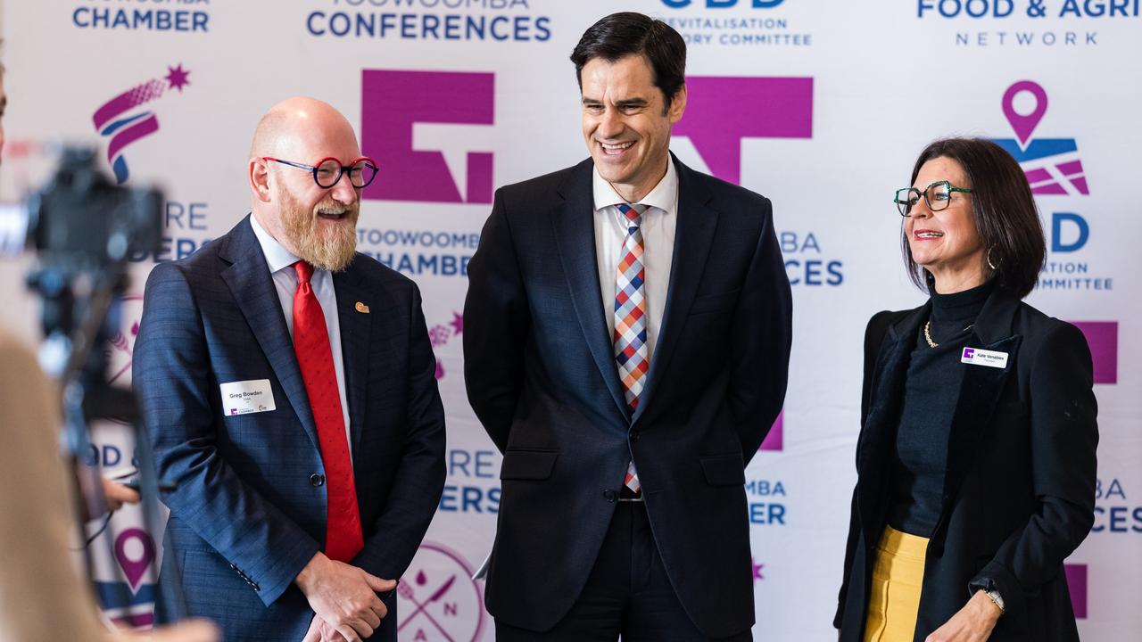 At the launch of the Toowoomba Chamber's 2023 Business Sentiment Index report are (from left) TSBE CEO Greg Bowden, demographer Mark McCrindle and Chamber president Kate Venables. Photo: Salt Studios