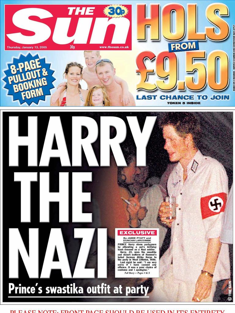 Prince Harry wearing a Nazi shirt and swastika at a fancy dress party.