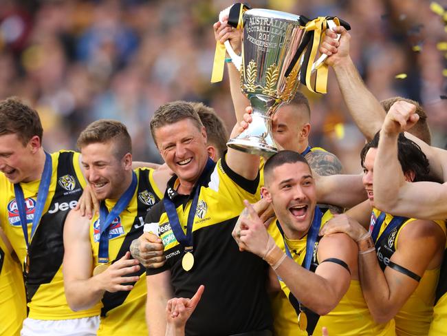 The Tigers celebrate their 2017 premiership win. Picture: Scott Barbour/AFL Media/Getty Images