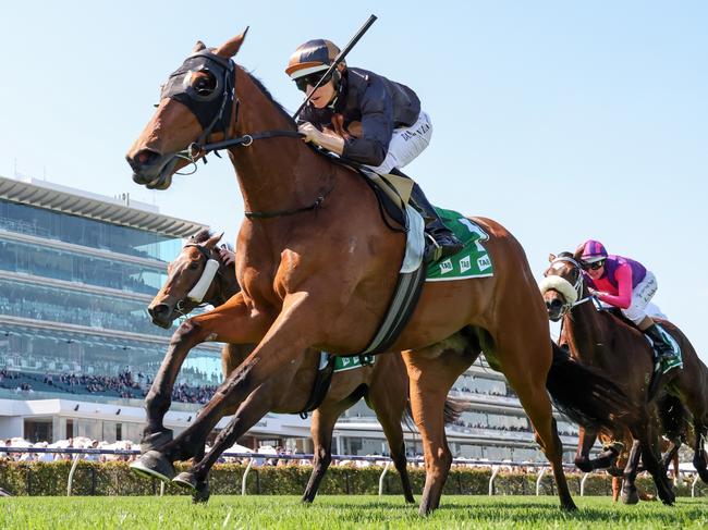 She's Licketysplit (NZ) ridden by Damian Lane wins the TAB Edward Manifold Stakes at Flemington Racecourse on October 01, 2022 in Flemington, Australia. (Photo by George Sal/Racing Photos via Getty Images)