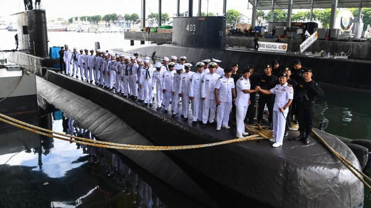 The crew and officers on-board the Indonesian Cakra class submarine KRI Nanggala. Indonesia's military said it was searching for the submarine with 53 crew aboard after losing contact with the vessel. Picture: AFP