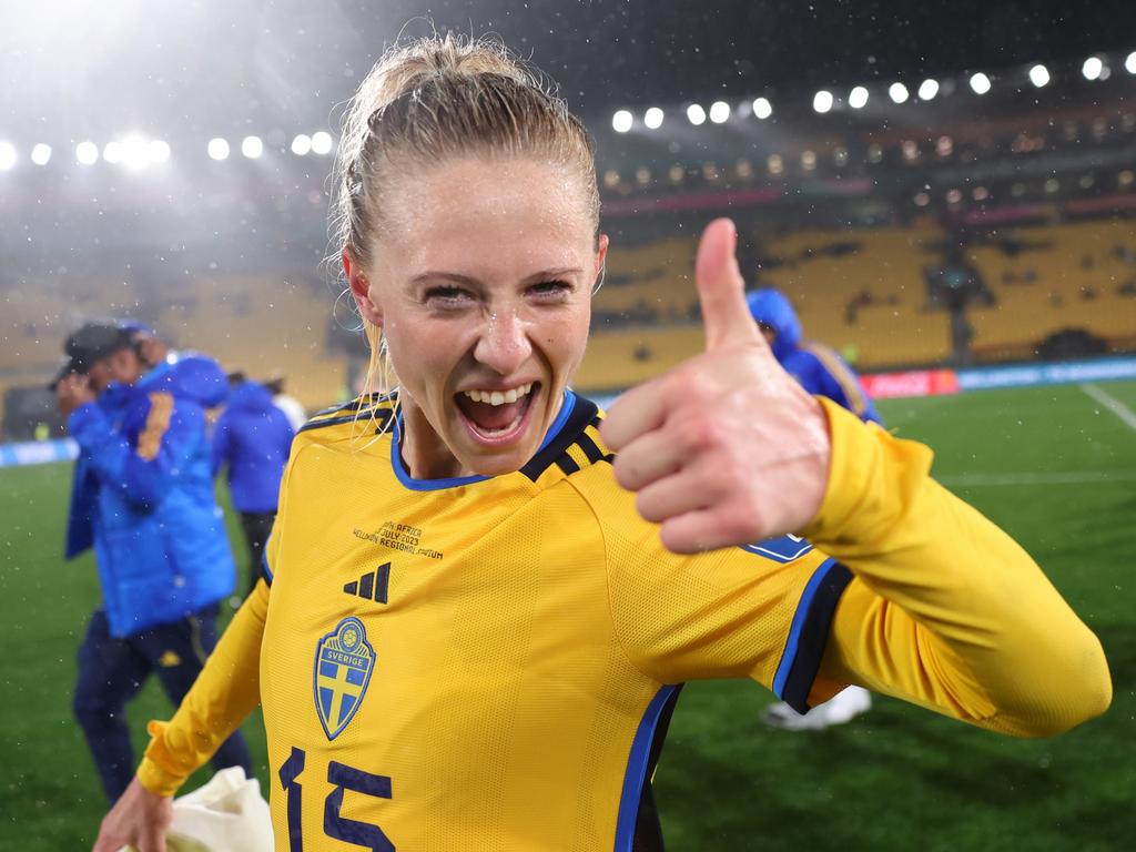 Thumbs up from Rebecka Blomqvist of Sweden as she celebrates her team's 2-1 win against South Africa in Wellington. Picture: Maja Hitij/Getty Images