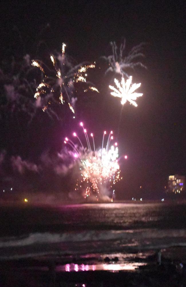 Fireworks light up the night sky over Mooloolaba as thousands turned out to watch and bring in the New Year. Photo: Elizabeth Neil