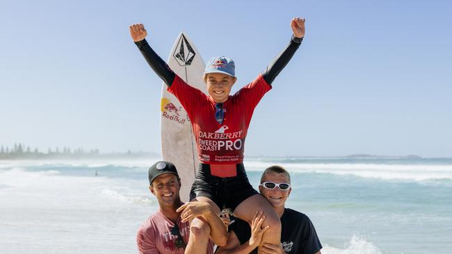 Sierra Kerr after winning the Tweed Coast Pro Junior at Kingscliff. (Photo by Cait Miers/World Surf League)