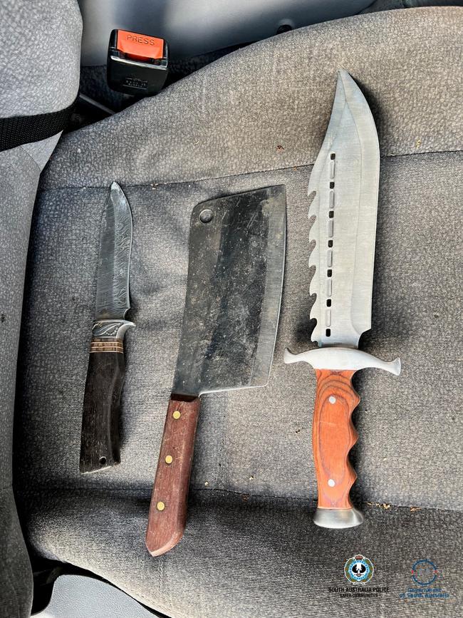 More knives retrieved from the white Ford sedan at West Hindmarsh. Picture: SAPOL