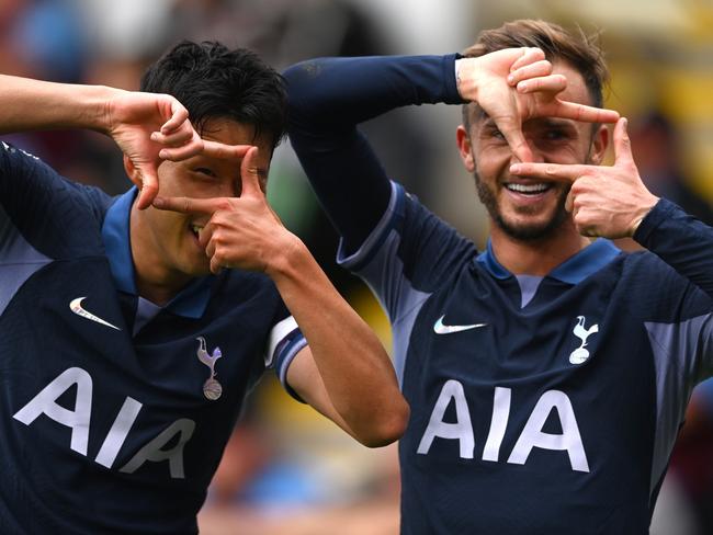 Heung-Min Son and James Maddison celebrate yet another goal against Burnley. Picture: Gareth Copley/Getty Images