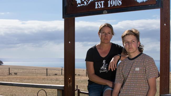 Wife Eloise and youngest son Toby on the family farm on Kangaroo Island. Picture: Amy Pysden