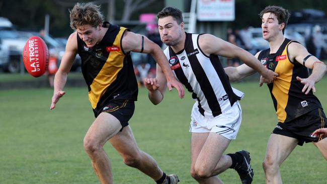 Connor Dalgleish, in the black and white guernsey, has signed for Eaglehawk next season. Picture: George Salpigtidis