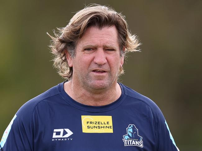 GOLD COAST, AUSTRALIA - NOVEMBER 07: Head Coach Des Hasler looks on during a Gold Coast Titans NRL training session at Parkwood Village on November 07, 2023 in Gold Coast, Australia. (Photo by Chris Hyde/Getty Images)