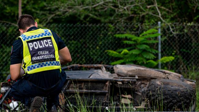 Major Crash Investigatorson the scene of the ATV accident on Bees Creek Rd in Darwin's rural area. Picture: Che Chorley