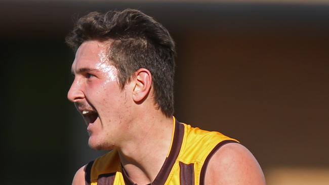 Anthony Brolic celebrates a goal for Box Hill. Picture: Brendan Francis