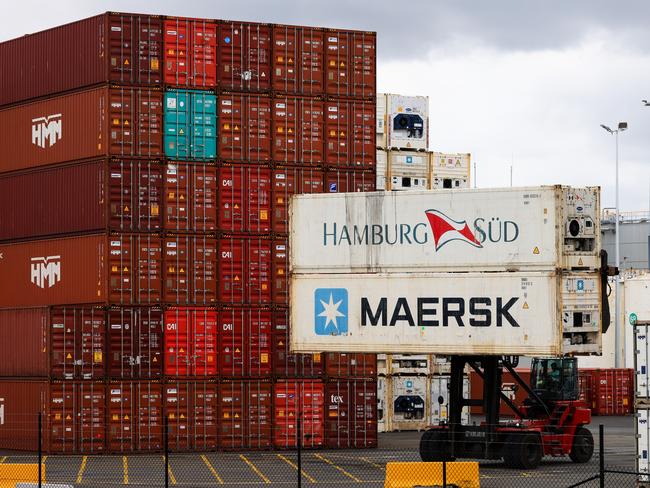 SYDNEY, AUSTRALIA - JANUARY 20: A general view of shipping containers at Port Botany on January 20, 2024 in Sydney, Australia. The Guardian reported that workers at DP World have been involved in industrial action since October 2023. Actions include limited stop-work orders, as the union seeks a 16% pay increase over two years. The stevedore company manages some 40% of container traffic in Australia. A protracted industrial dispute would have severe knock-on effects on supply chains and businesses small and big around the country. (Photo by Jenny Evans/Getty Images)