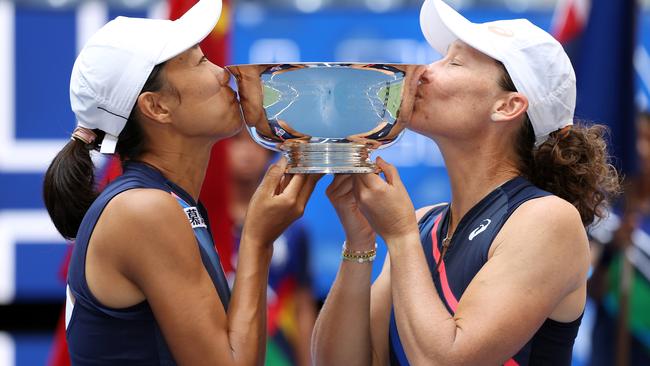 Sam Stosur (right) won this year’s US Open women’s doubles title with China’s Shuai Zhang and has received a singles wildcard into the Australian Open. Picture: Getty Images