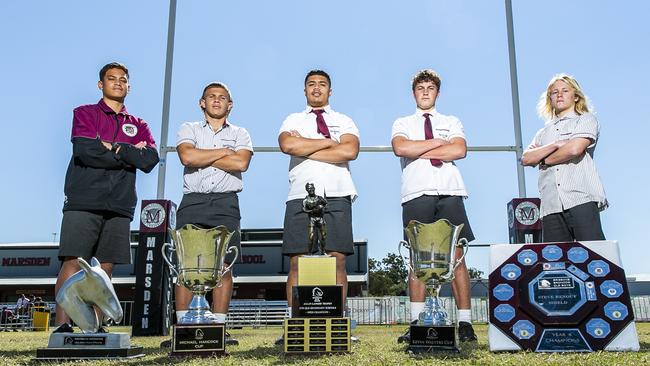 Marsden State High School students (left to right) Storm Enoka, Jahieo Conlon, Chris Faagutu, Coby Black and Levi Bannan, Thursday, August 26, 2021 - Picture: Richard Walker
