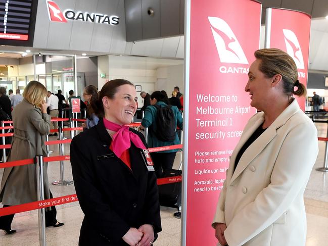 MELBOURNE, AUSTRALIA - SEPTEMBER 06: New Qantas CEO Vanessa Hudson (R) talks to airport staff during her first day on the job as the new airline boss at Tullamarine Airport on September 06, 2023 in Melbourne, Australia. Hudson stepped into the role following the sudden resignation of former Chief Executive Alan Joyce, two months ahead of his planned departure in November 2023.  (Photo by James D. Morgan/Getty Images)