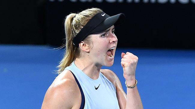 Elina Svitolina of Ukraine celebrates during her final match against Aliaksandra Sasnovich from Belarus at the Brisbane International Tennis Tournament in Brisbane, Saturday, January 6, 2018. (AAP Image/Dave Hunt) NO ARCHIVING, EDITORIAL USE ONLY