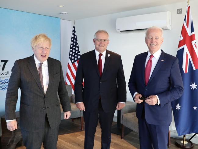 Prime Minister Scott Morrison had an unexpected trilateral meeting with US President Joe Biden and British Prime Minister Boris Johnson during the G7 Leaders meeting in Cornwall. Picture: Adam Taylor/PMO