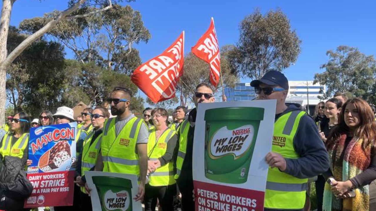 Dairy workers strike outside Peter's Ice Cream in Mulgrave in October, as part of a series of strikes that threatened Victoria’s fresh milk supply.
