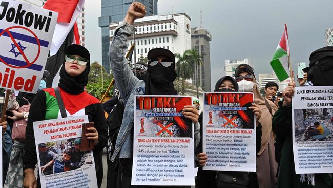 Protesters in Jakarta last week demand their government ban Israel's team in the upcoming 2023 FIFA U-20 World Cup. Picture: AFP