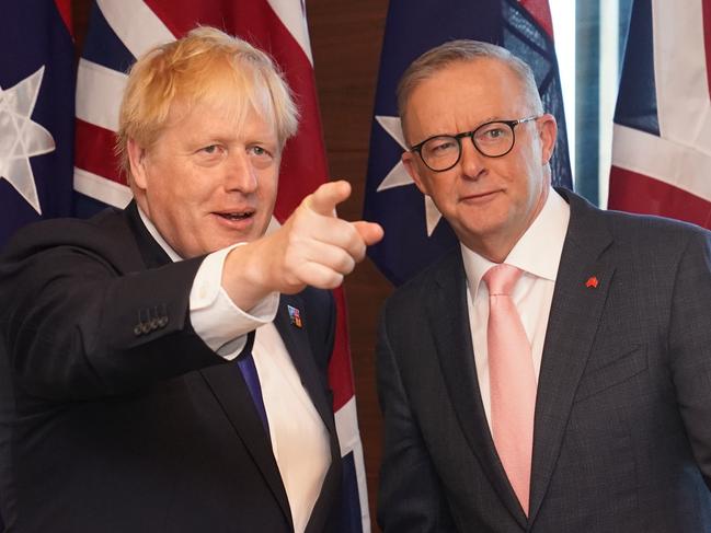 MADRID, SPAIN - JUNE 29: British Prime Minister Boris Johnson meets Australian Prime Minister Anthony Albanese during the NATO Summit on June 29, 2022 in Madrid, Spain. The two-day summit will align the alliance's defense posture along its eastern edge, including ramping up troop levels and positioning heavy equipment, as Western leaders contemplate the next phase of the war in Ukraine. (Photo by Stefan Rousseau - WPA Pool/Getty Images)