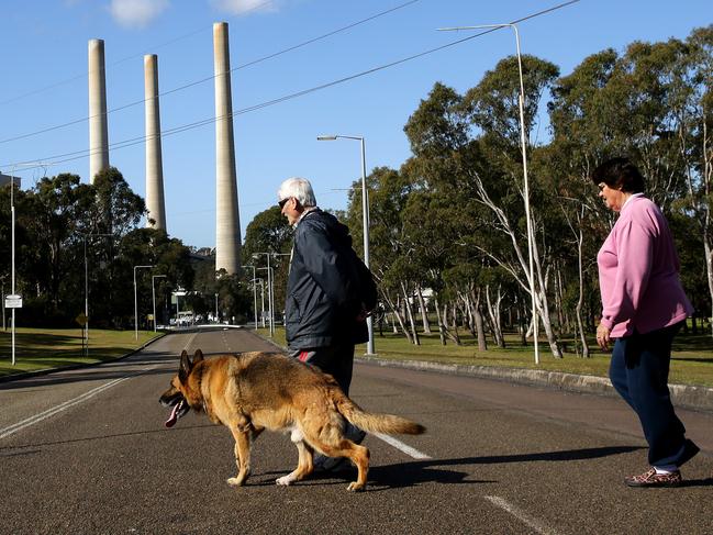 George and Margaret Marromichalis walk their dog Marko next to Vales Point Power Station on the shores of Lake Macquarie. Picture: Peter Lorimer