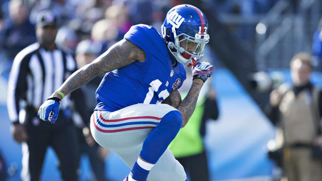Odell Beckham Jr. #13 of the New York Giants does a dance in the end zone after scoring a touchdown.