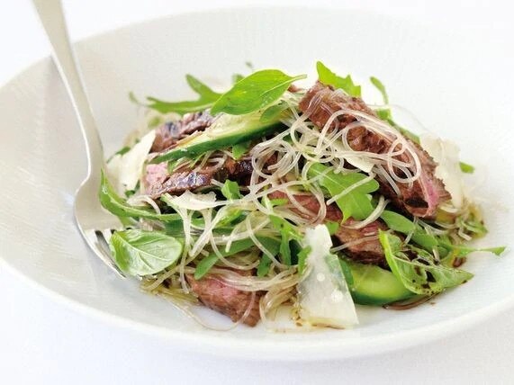 The balsamic beef and glass noodle salad with rocket and parmesan recipe.