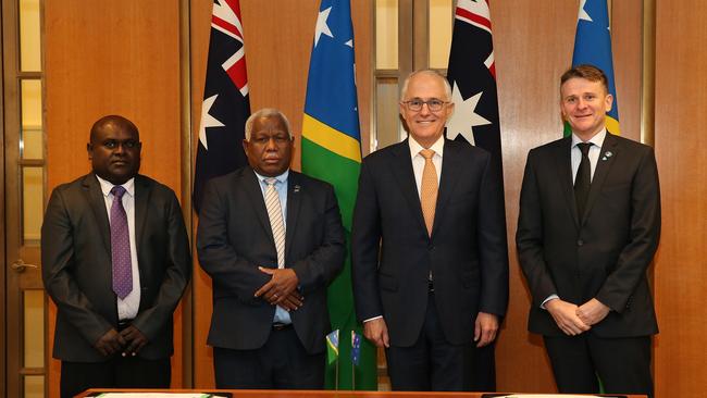 Harry Kuma, Rick Houenipwela former prime minster Malcolm Turnbull and Rod Brazier at Parliament House in Canberra in 2018. Picture Kym Smith