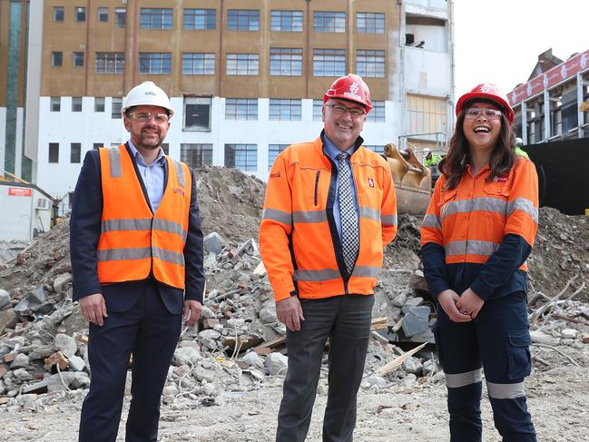 Citta project director Shaun Wilson, left, Hazell Brothers managing director Geoffrey Hazell and site engineer Ada Espiritu at the demolition site. Picture: SAM ROSEWARNE