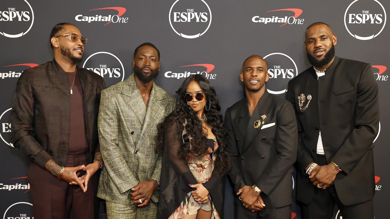 Carmelo Anthony, Dwyane Wade, H.E.R., Chris Paul, and LeBron James attend The 2023 ESPY Awards at Dolby Theatre.